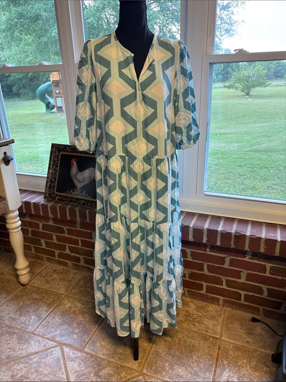NWT Women’s Geometric Print Maxi Dress in Teal and Cream